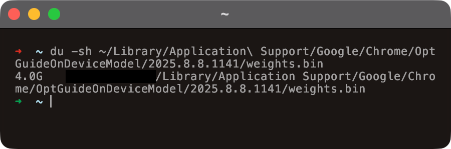 Terminal screenshot of du -sh against Chrome's OptGuideOnDeviceModel folder showing 4.0G for weights.bin