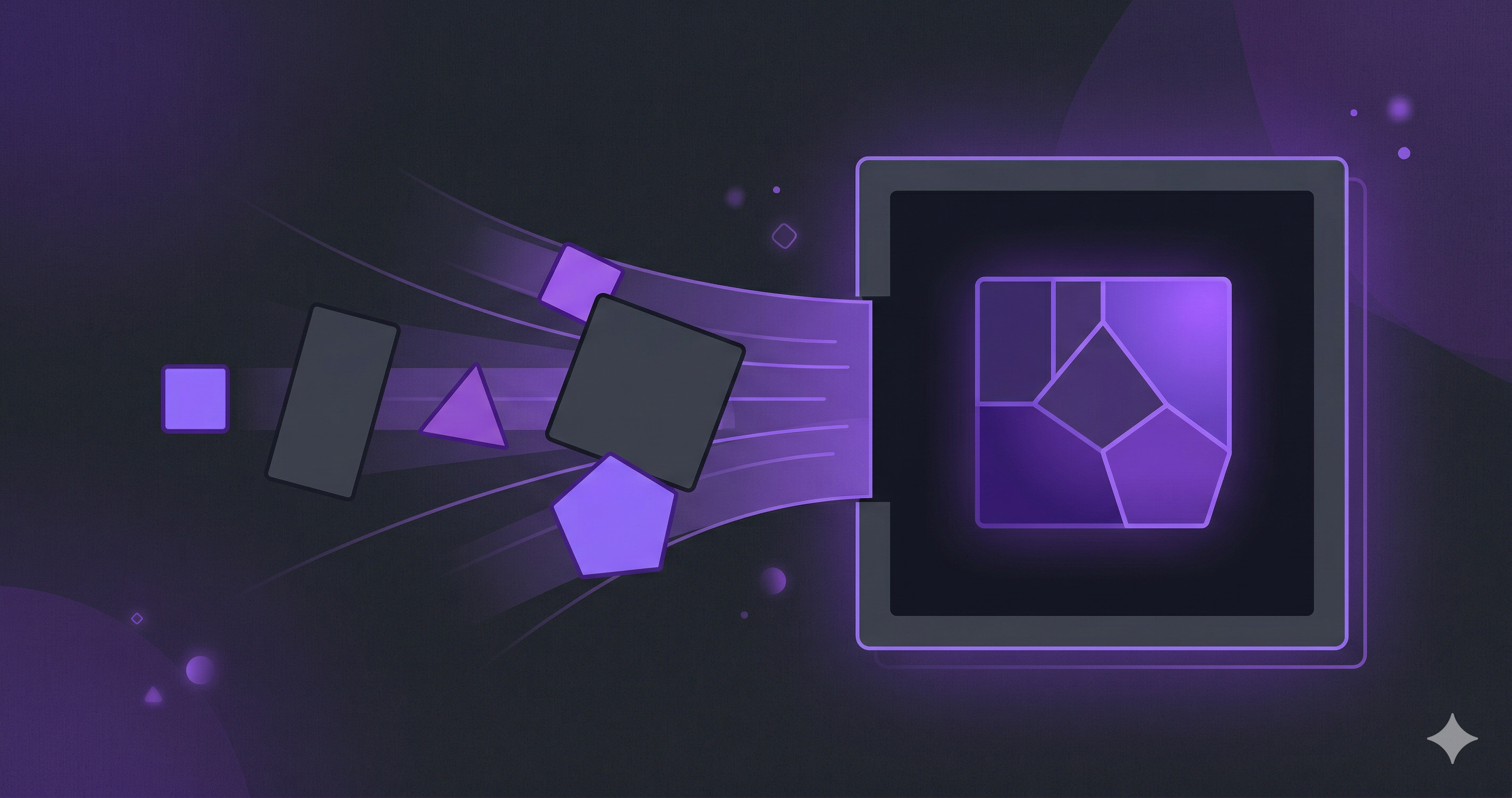 Abstract illustration of four rounded rectangular tiles converging into a single parent container, evoking package consolidation in a monorepo