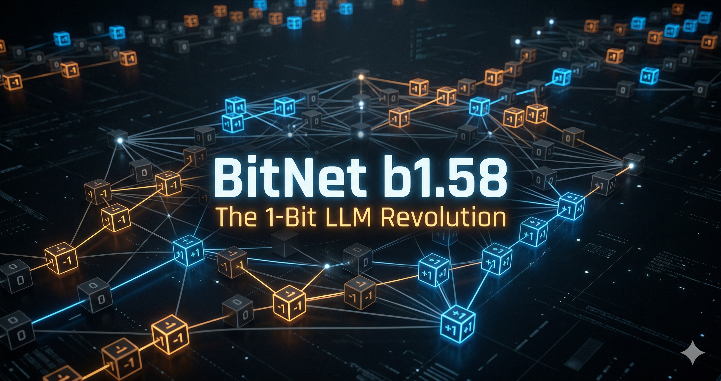 Abstract visualization of three ternary values as geometric cubes representing BitNet b1.58 architecture