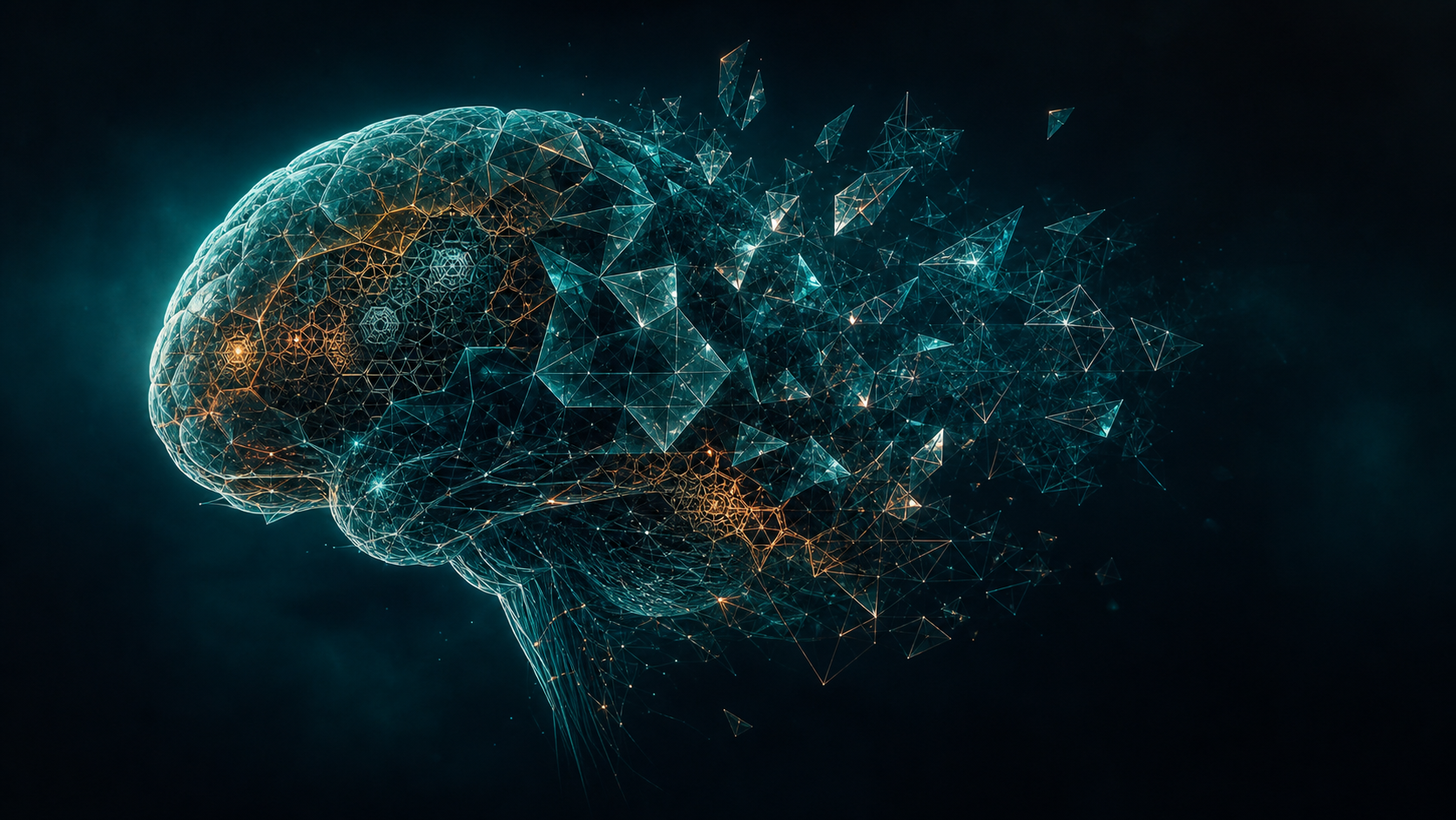 A brain rendered as layered geometric fractals dissolving into crystalline structures, dark teal palette with warm amber accents, studio lighting