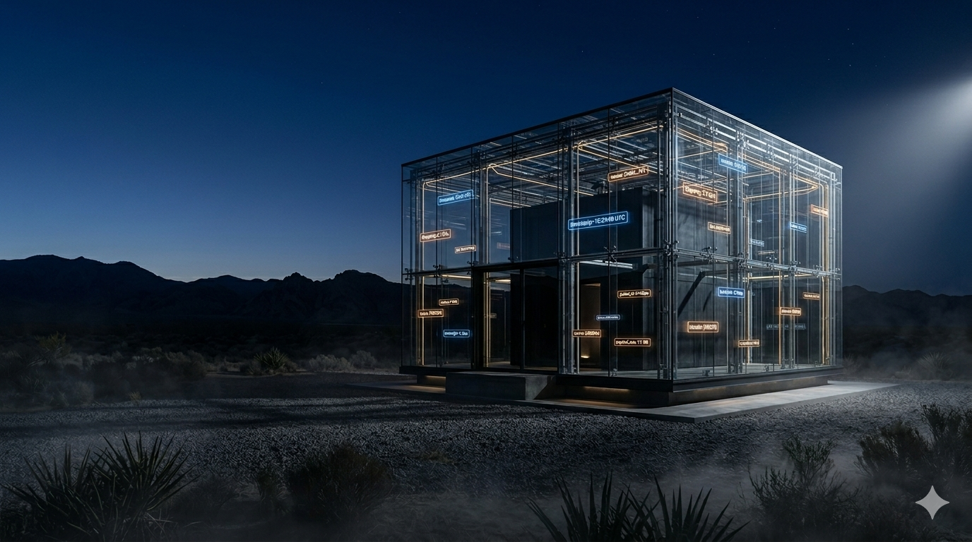 A transparent glass room at night with glowing message paths and encrypted labels around it