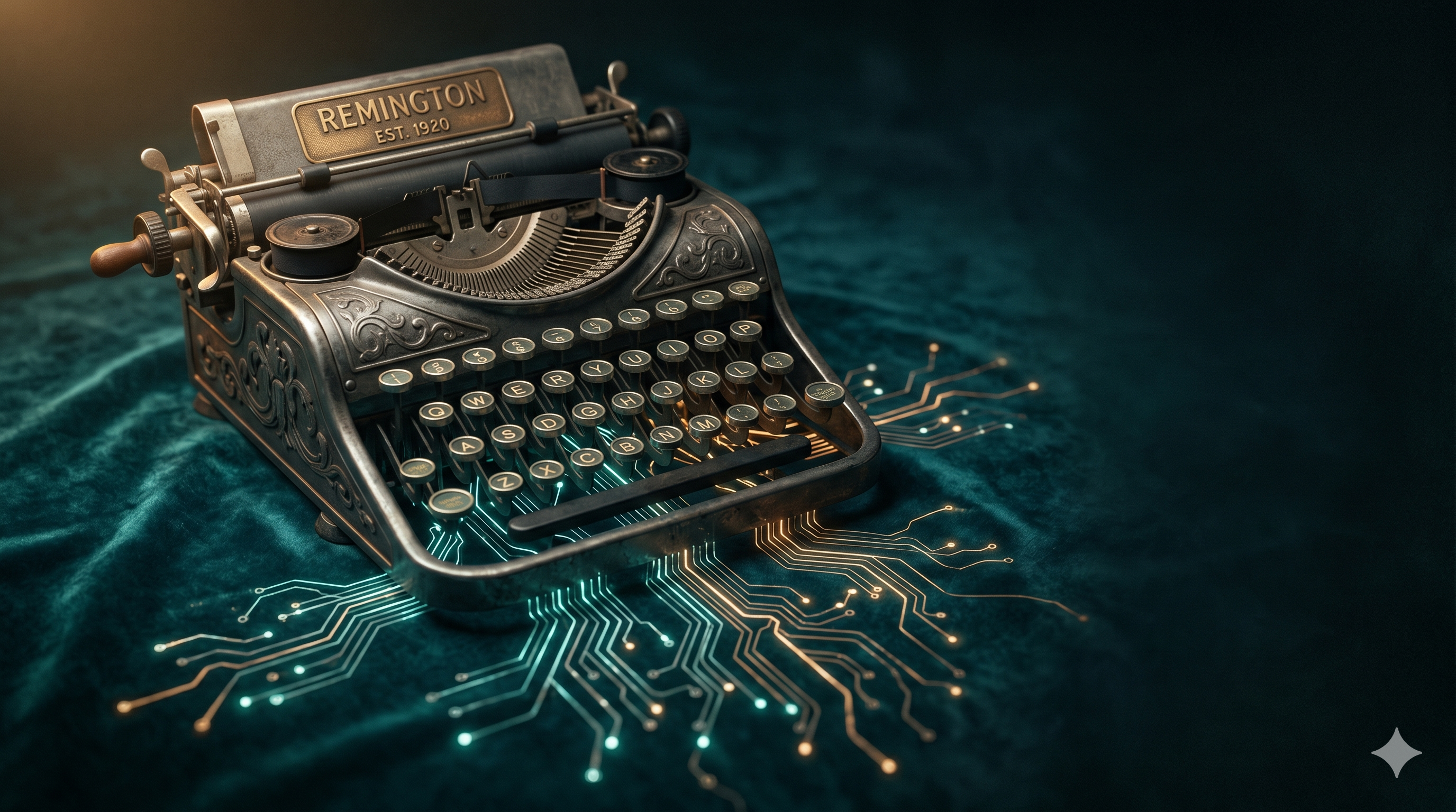 A vintage typewriter sitting beside a glowing modern circuit, dark teal palette, soft rim light, conceptual still life