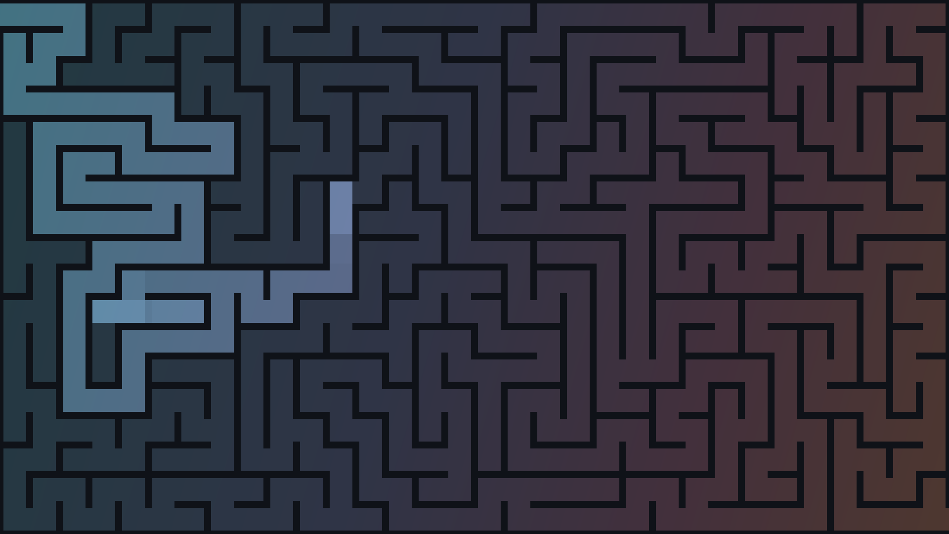A maze builds itself, explores its passages and finds a route through a slowly changing matte gradient