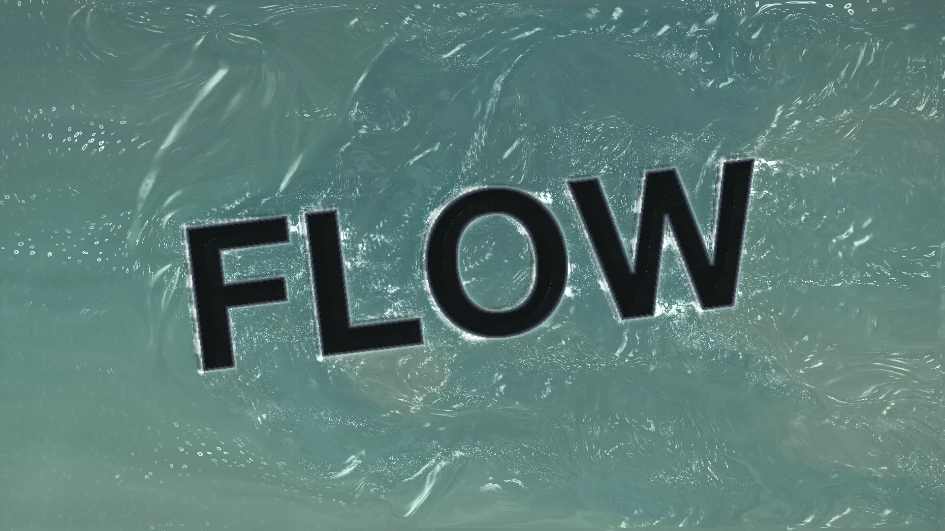The word Flow submerged in an agitated teal fluid simulation