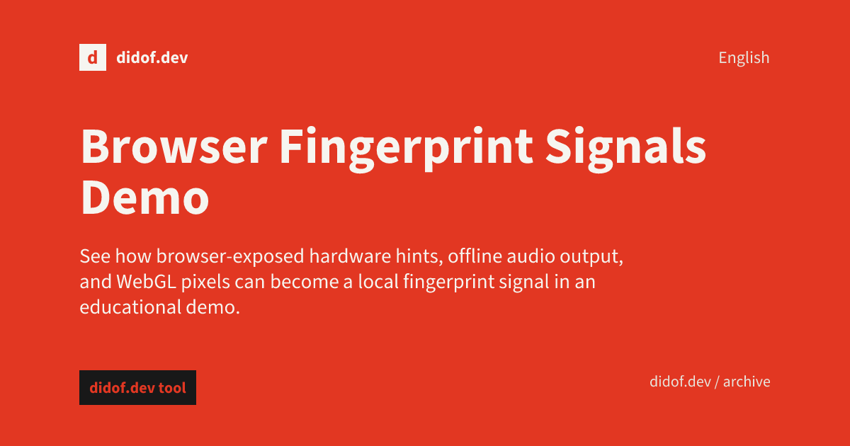 Browser fingerprint education interface showing hardware, audio, WebGL, and hash stages