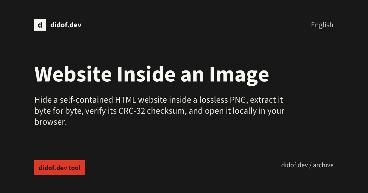 Website Inside an Image interface comparing an original picture with a PNG that contains hidden HTML bits.